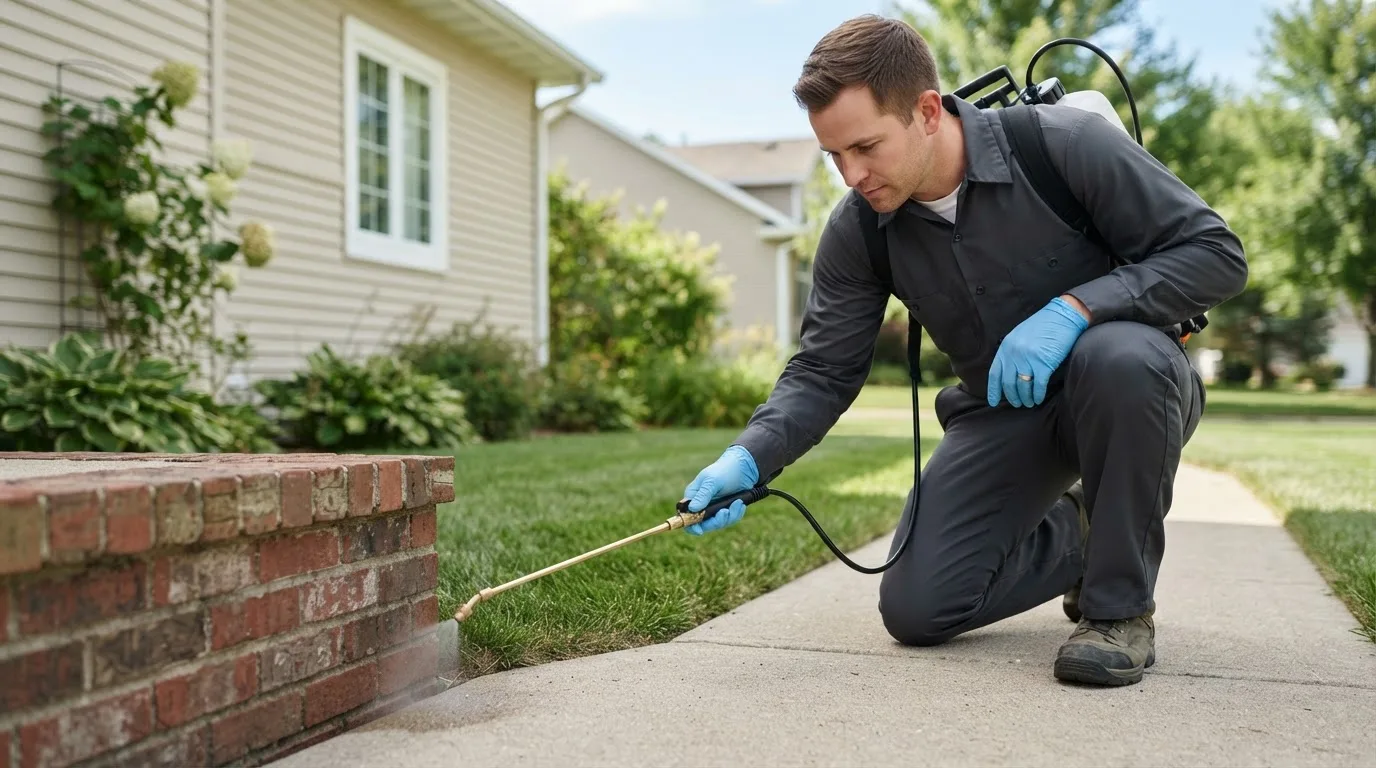 Pest control technician treating a home near Gas City, IN