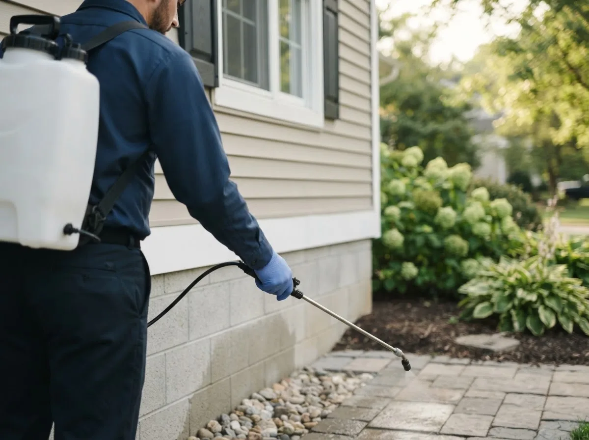 Pest control technician inspecting a home in Gas City, IN